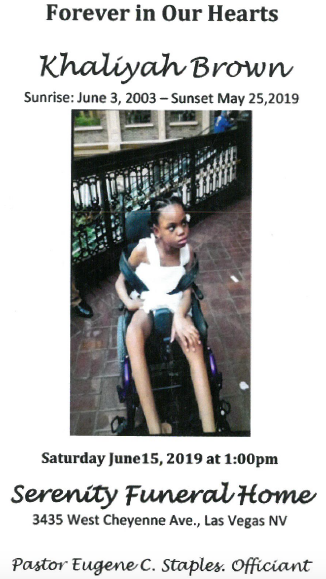 Memorial flyer for Khalilah Brown with photo and funeral details on white background