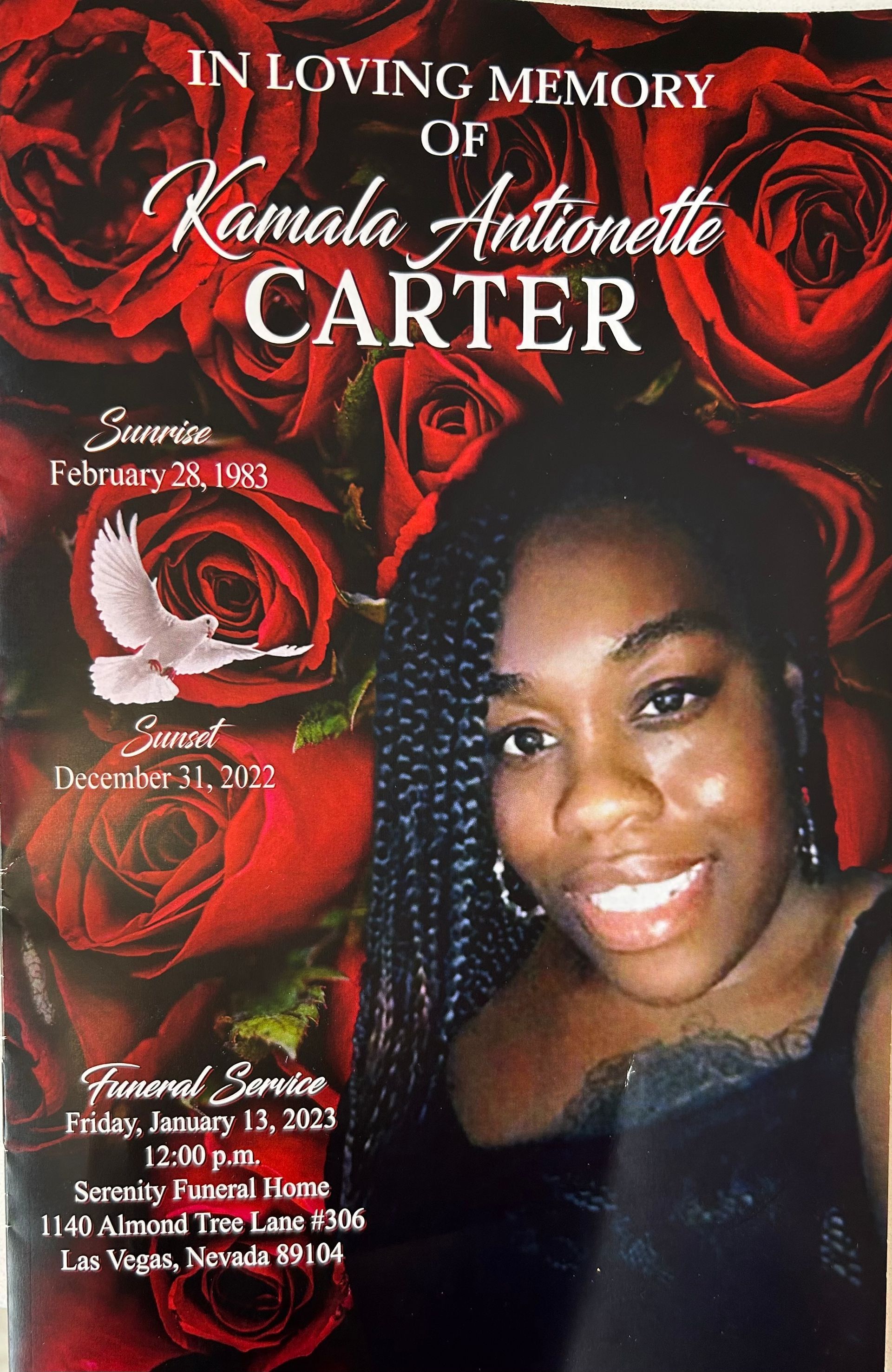 Memorial tribute poster with red roses and a smiling portrait of Kamala Antoinette Carter
