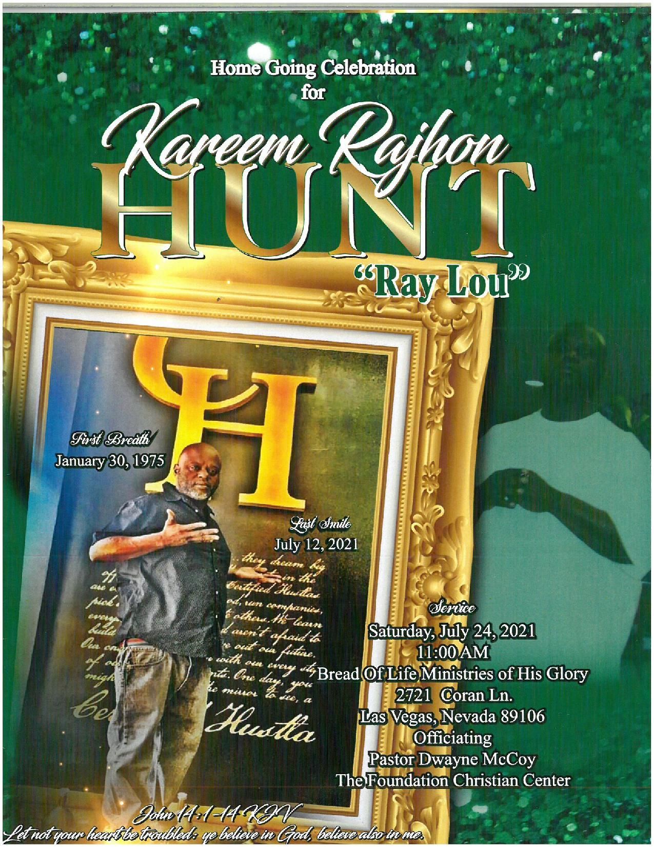 Event poster for Kareem Rahjon Hunt “Ray Lou,” with gold frame, green background, and figure illustration
