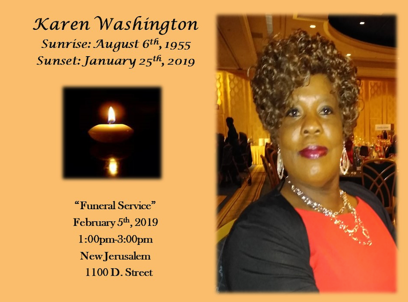 Memorial program for Karen Washington with candle, portrait, and funeral service details