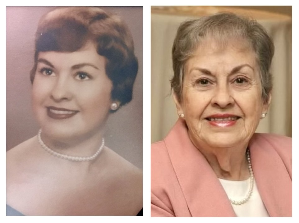 Side-by-side portrait photos of a woman, younger on the left and older on the right, both smiling.