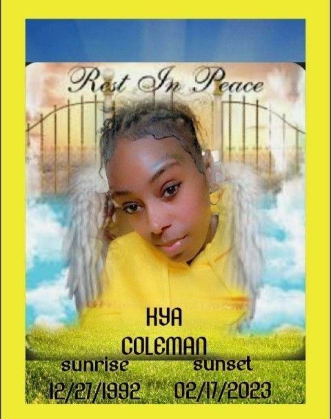 Memorial portrait with “Rest In Peace,” yellow border, and dates June 1992–02/2023