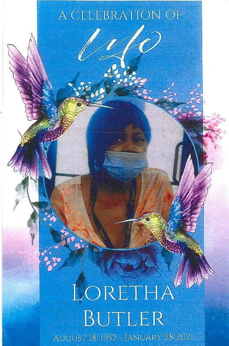 Book cover with blue background, butterflies, and a masked portrait; title reads “A Celebration of Life” by Lorethia Butler