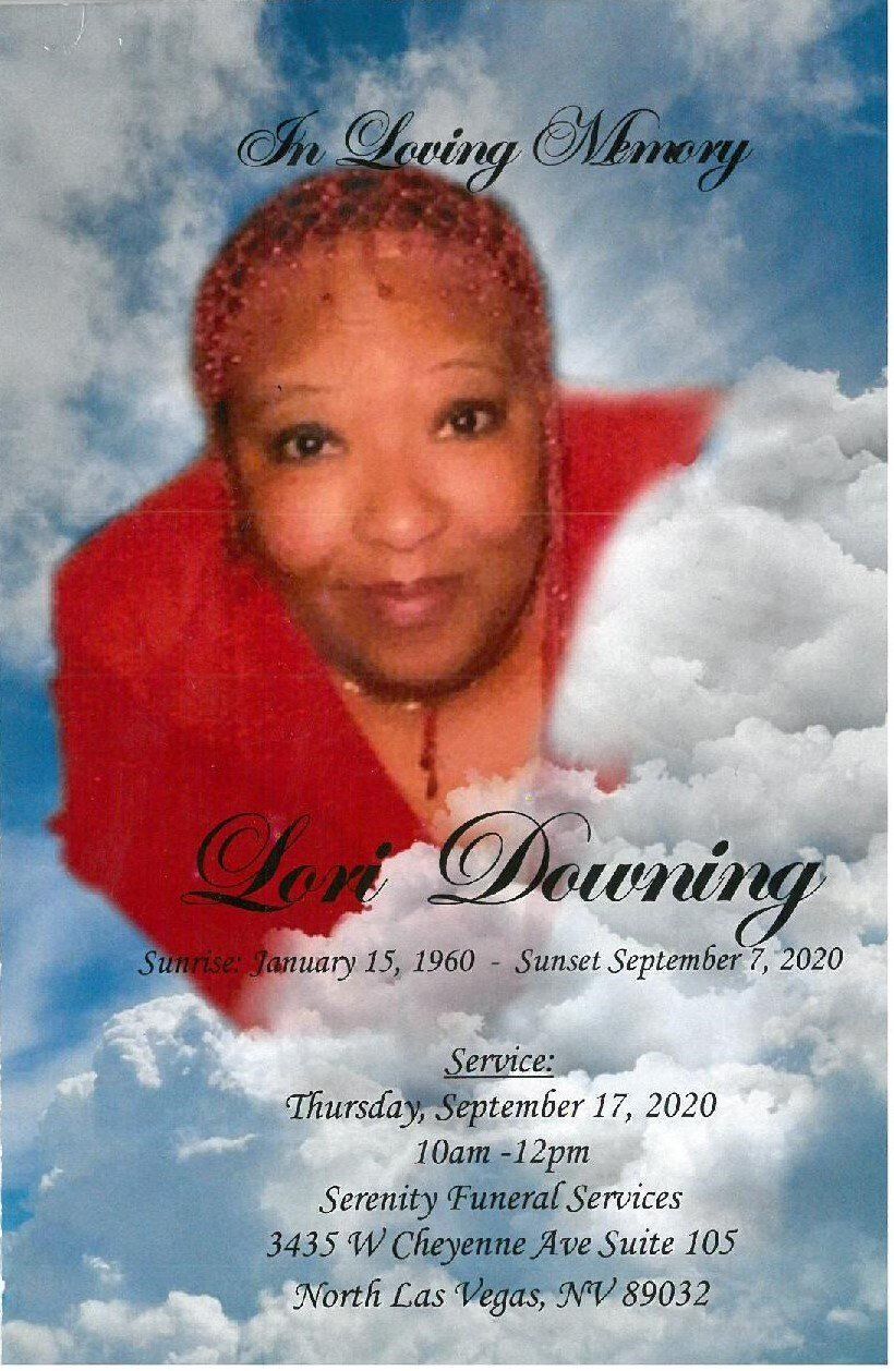 Memorial flyer with a woman’s portrait amid clouds and the title “In Loving Memory”
