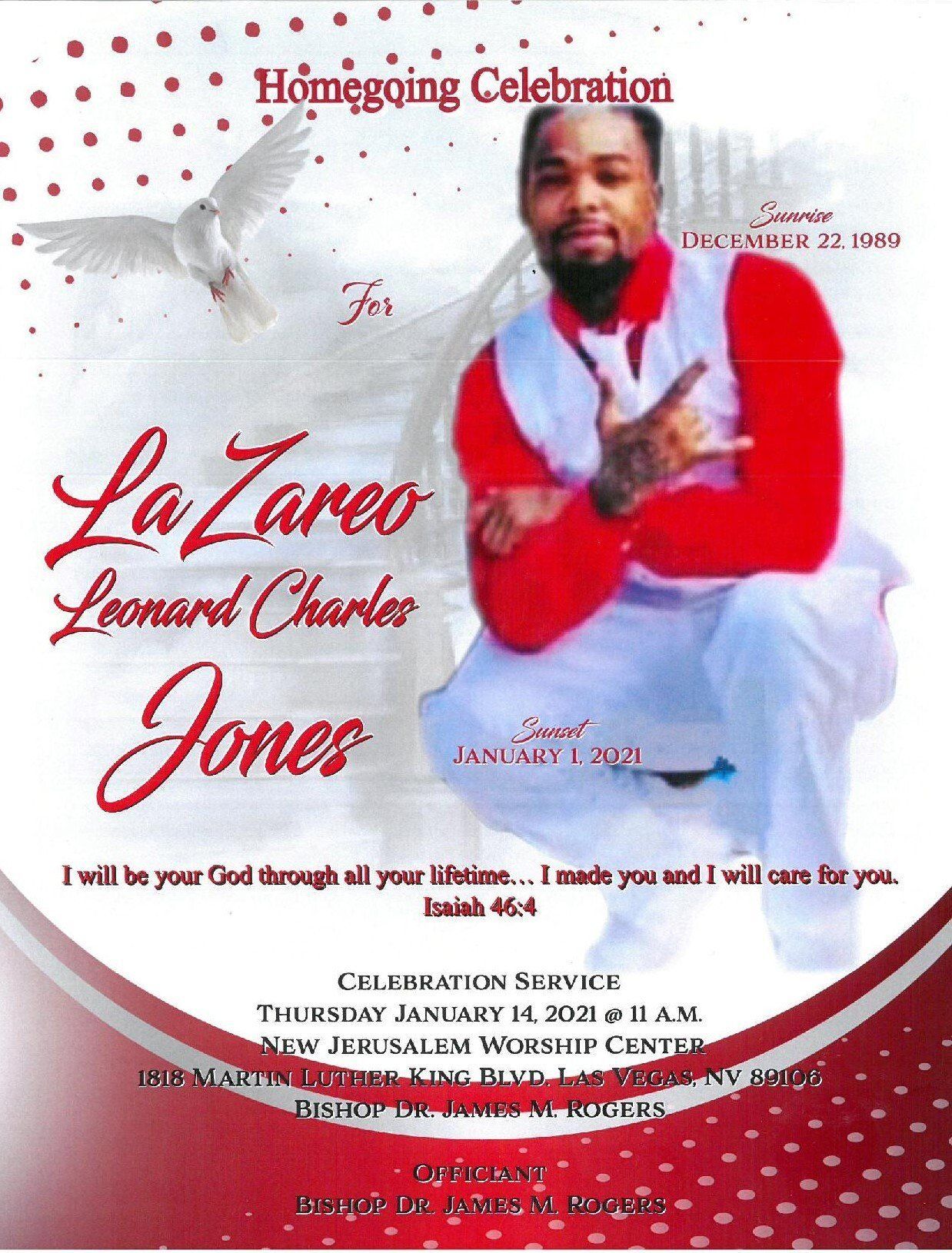 Homegoing celebration memorial poster with red-and-white design and a seated man in white and red attire