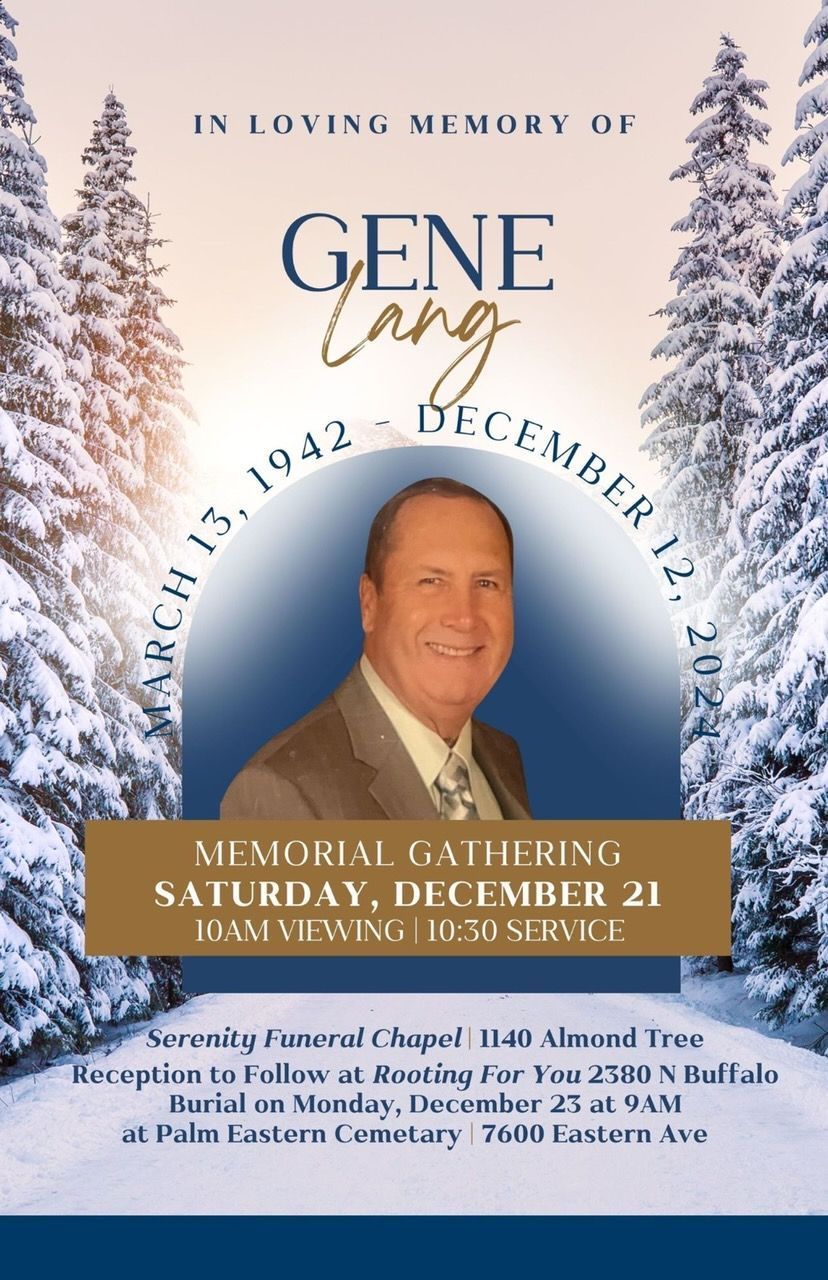 Memorial gathering flyer for Gene Long with portrait, snowy trees, and date, Saturday, December 21