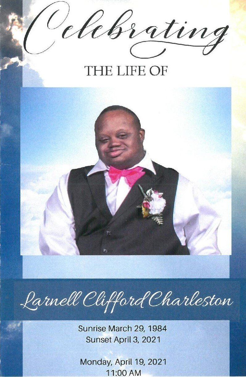 Memorial tribute poster with a smiling man in a suit and pink bow tie, blue background, and celebration text