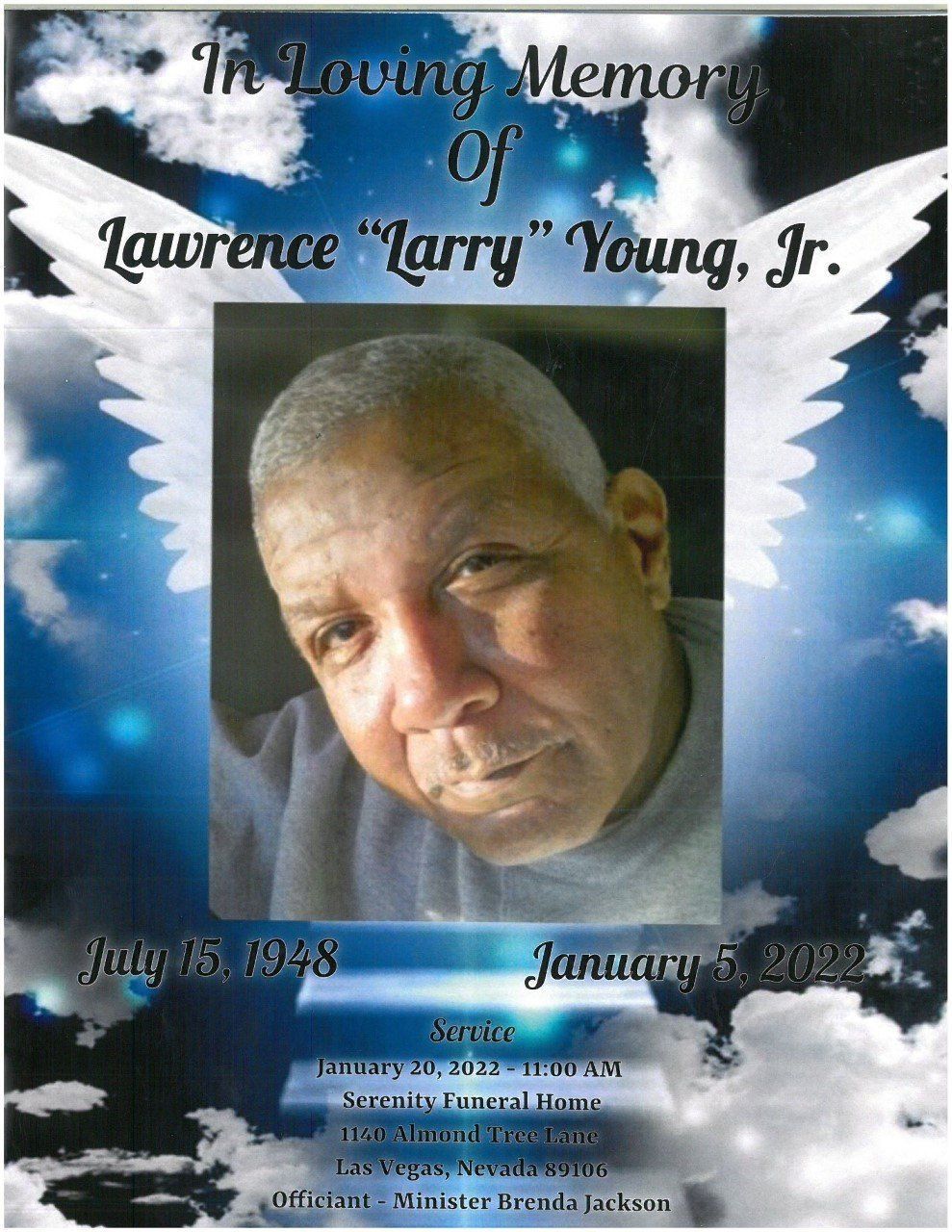 Memorial tribute with a portrait framed by clouds and wings, titled “The Loving Memory of Lawrence ‘Larry’ Young, Jr.”