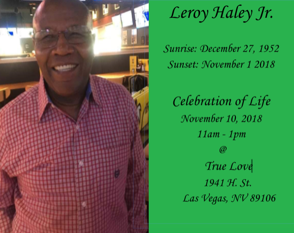 Photo of Leroy Halsey Jr. beside green memorial text with service details and a portrait.