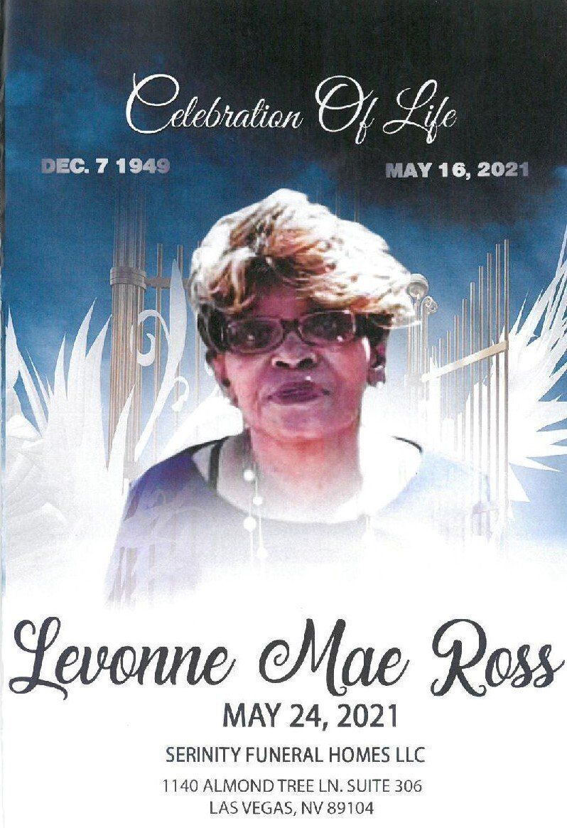 Memorial tribute card for Levonne Mae Ross with portrait and dates, “Celebration of Life” theme
