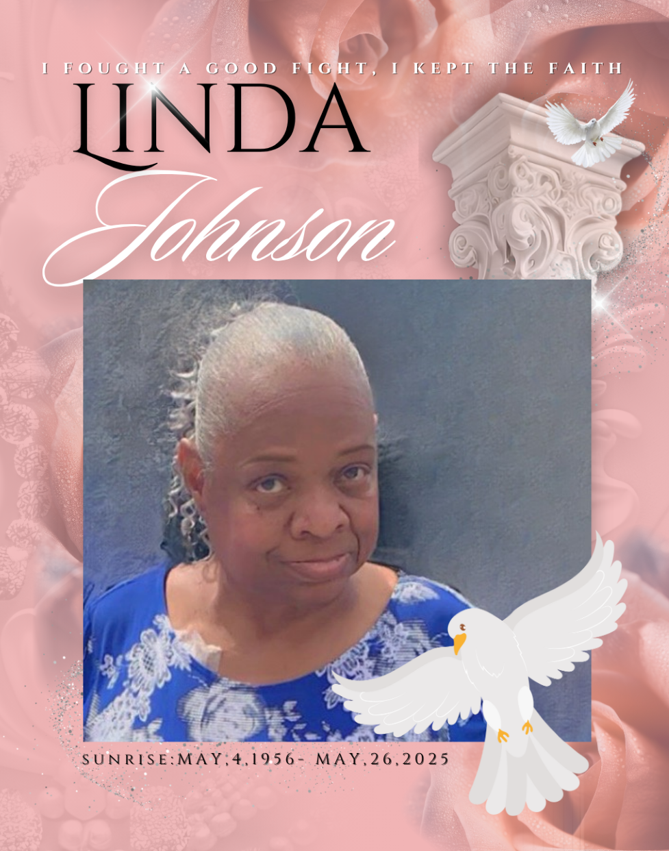 Memorial portrait of Linda Johnson with pink floral background and white doves