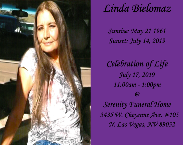 Memorial card for Linda Bielomaz with portrait, sunrise/sunset dates, and service details on purple background
