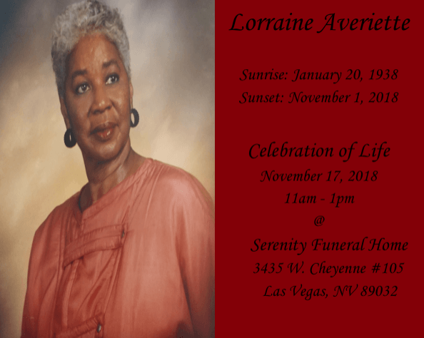 Memorial program cover with portrait and service details for Lorraine Arvetta on a red background