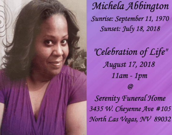 Memorial card for Michela Abbington with portrait and service details on a purple background