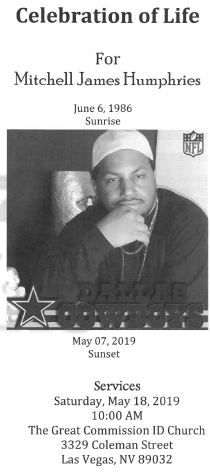 Funeral program cover with a black-and-white portrait and text for Mitchell James Humphries, June 6, 1966–May 7, 2019.