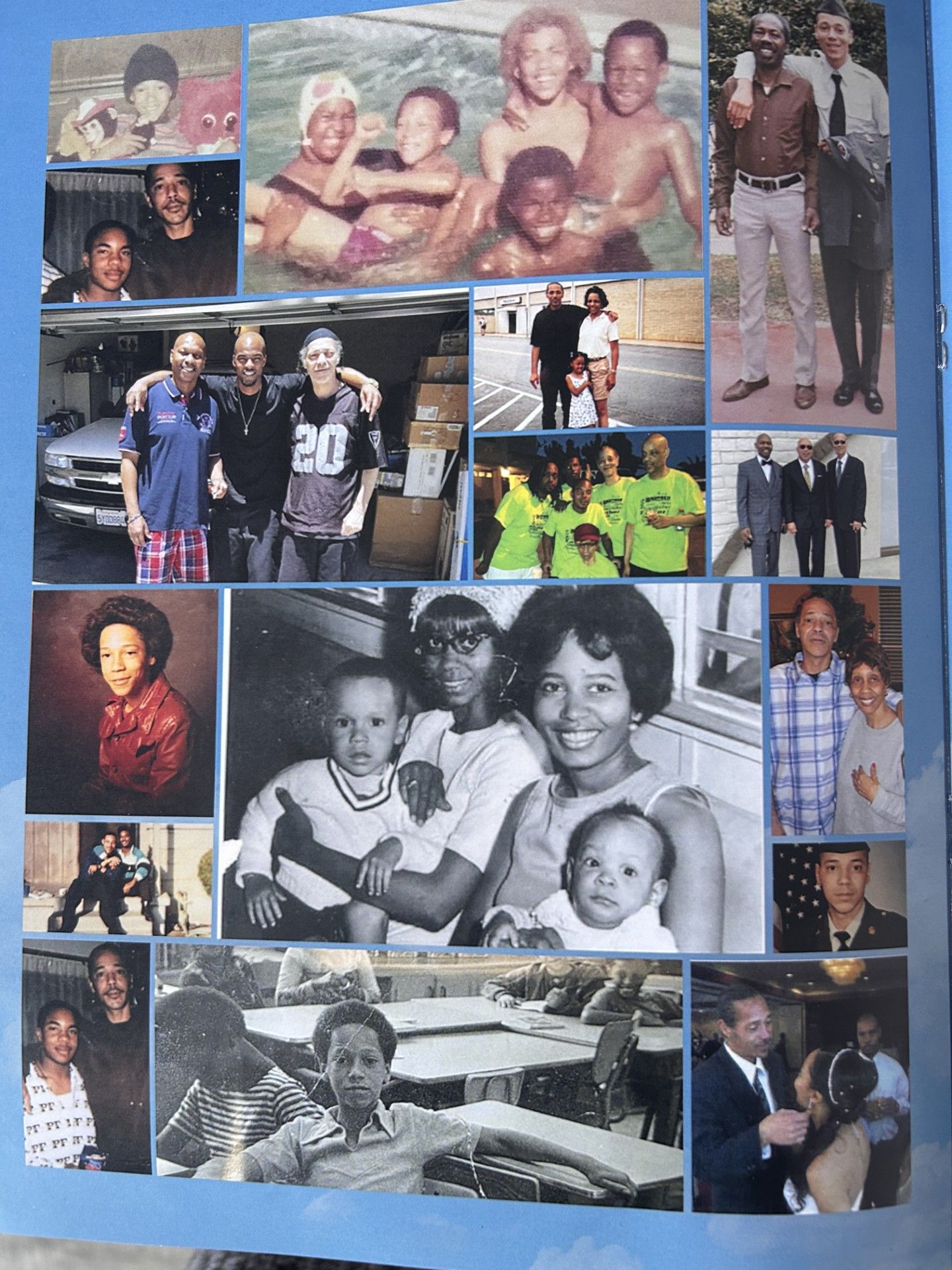 Collage of family photos showing people in group portraits, candid moments, and outdoor scenes