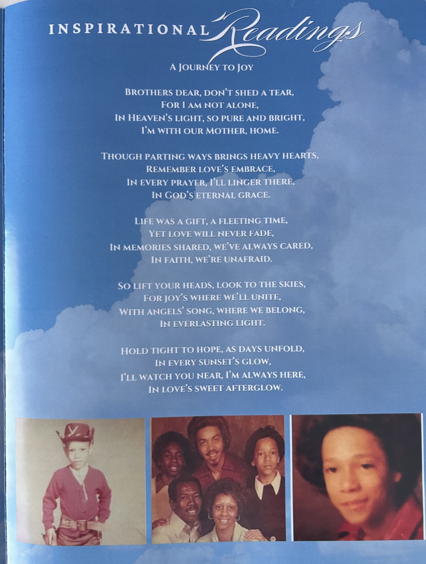 Blue book cover titled “Inspirational Readings” with centered white text and three small photos along the bottom