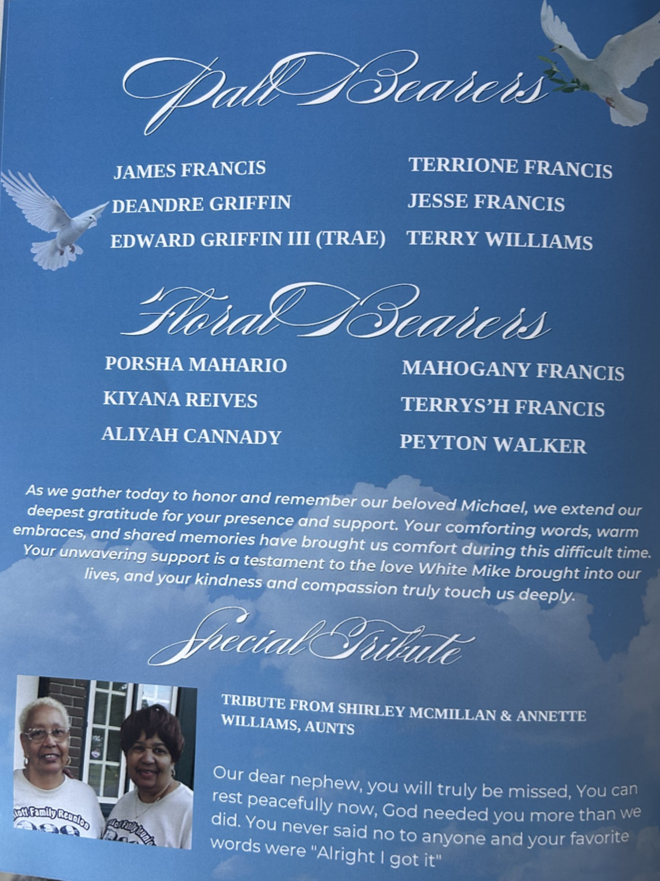 Blue memorial poster listing names, quotes, and small photos on a gradient blue background