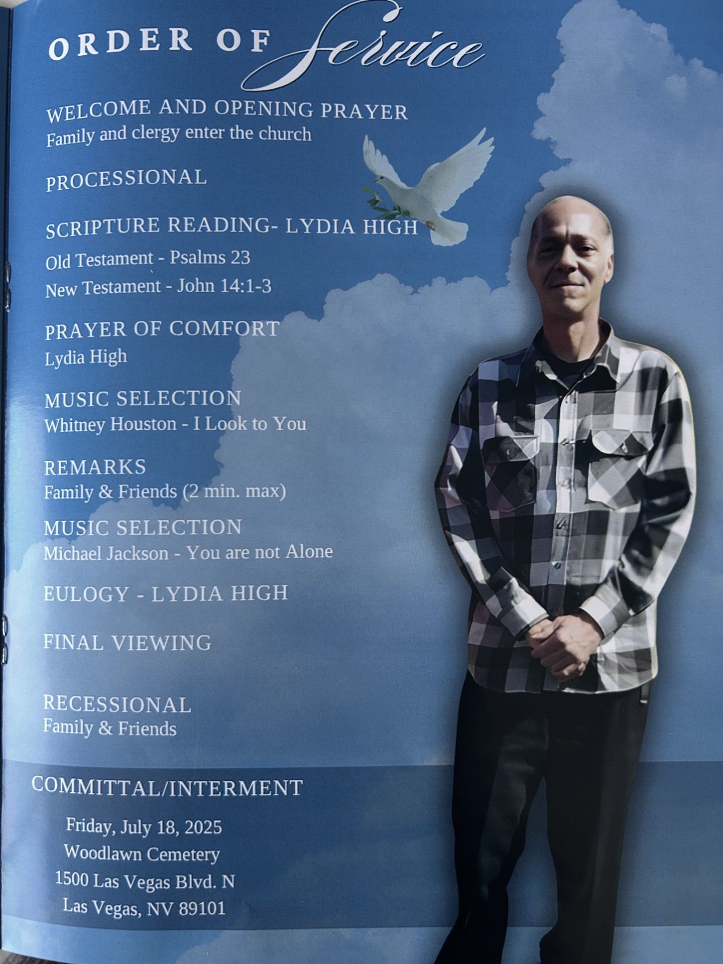 Order of service poster with a man standing beside a list of funeral details on a blue background