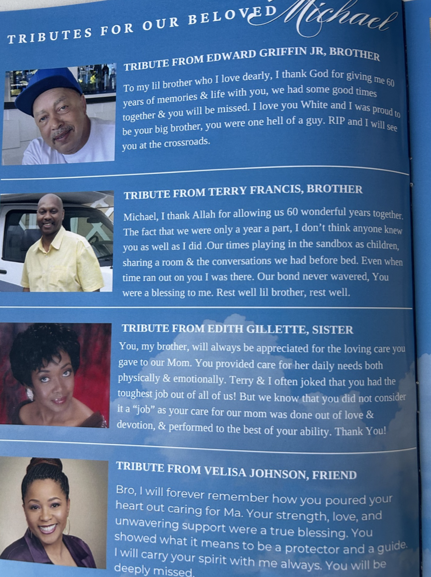 Tributes for Michael with four portrait photos and remembrance text on a blue background