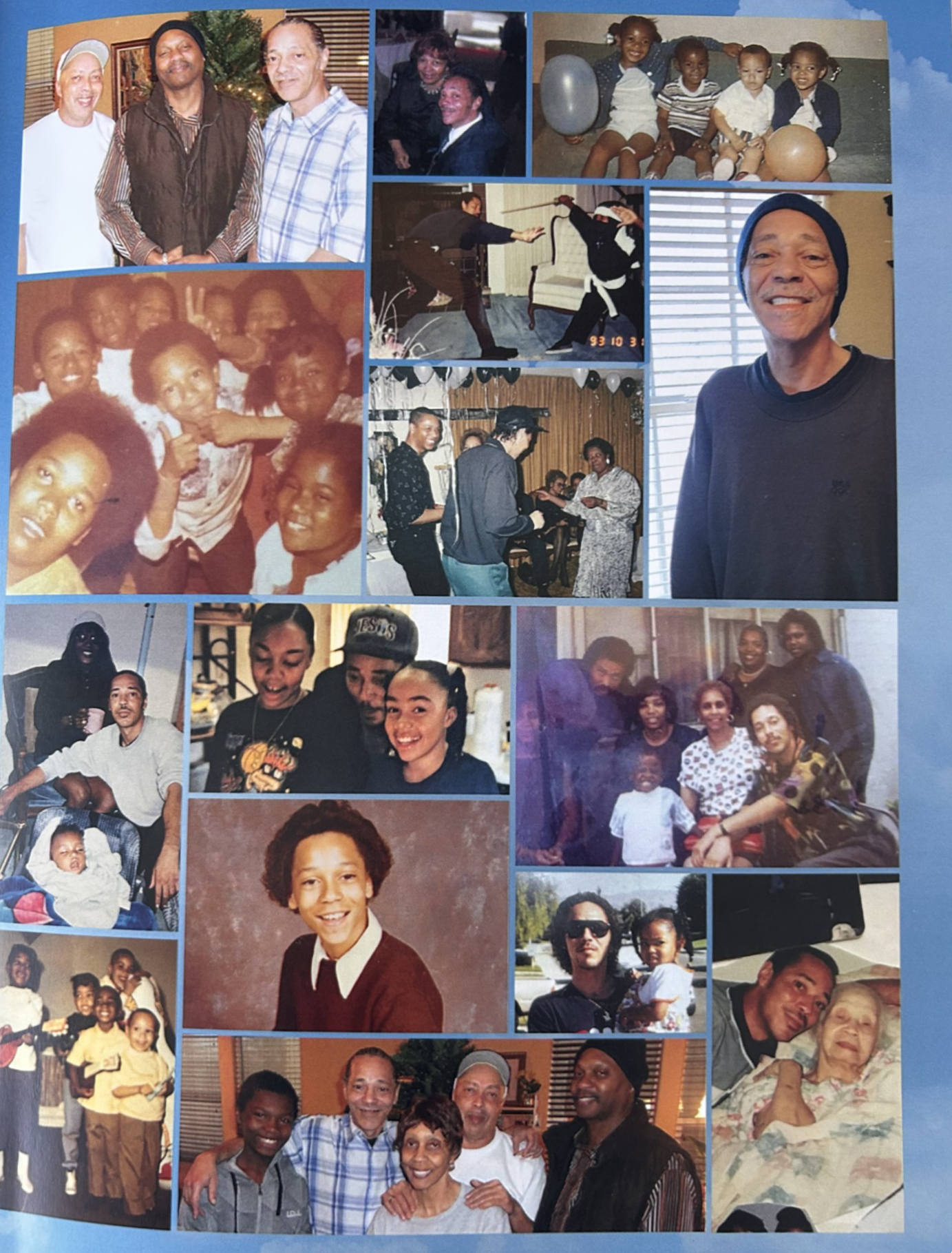 Collage of family photos showing smiling people gathered at home and at celebrations