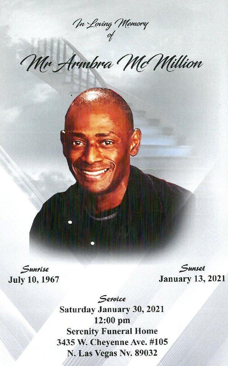Memorial portrait of a smiling man with dates and funeral service details on a light background