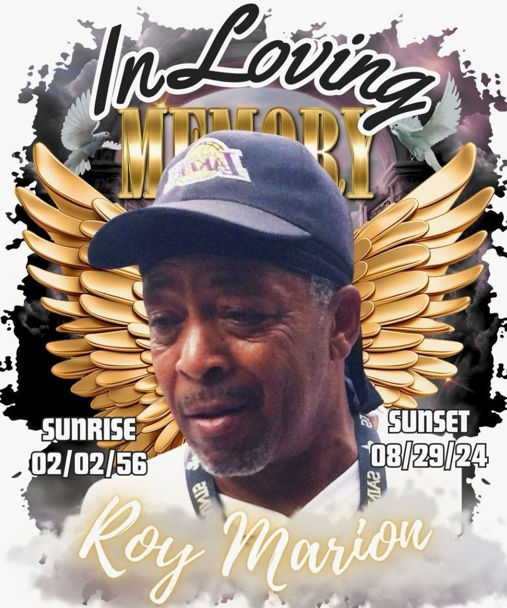 Memorial tribute graphic with gold wings, portrait, and text reading “In Loving Memory,” “Sunrise 02/02/56,” “Sunset 09/29/24.”
