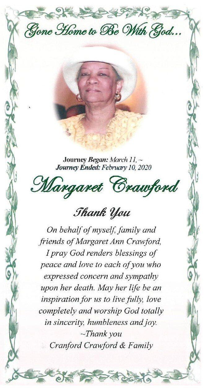 Memorial program with floral border and portrait, honoring Margaret Crawford with a thank-you message