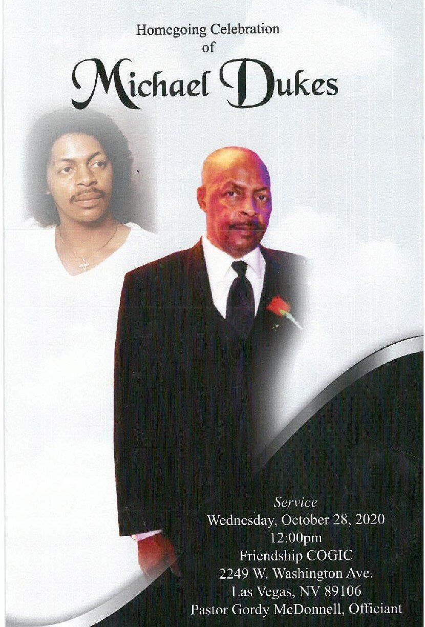 Homegoing celebration memorial poster for Michael Dukes with portrait and funeral service details