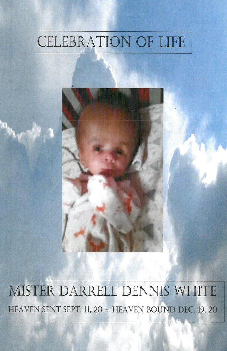 Memorial-style cover with a baby photo, clouds, and the title “Celebration of Life” above the name Darrell Dennis White