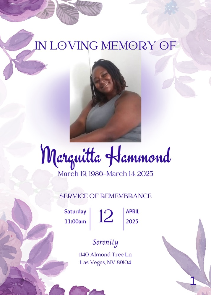 In loving memory of Marquitta Hammond, with portrait, service details, and Serenity funeral home information.