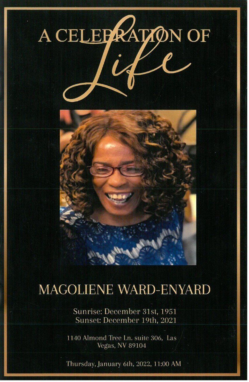 Memorial program cover with smiling portrait in gold border and the title “A Celebration of Life”