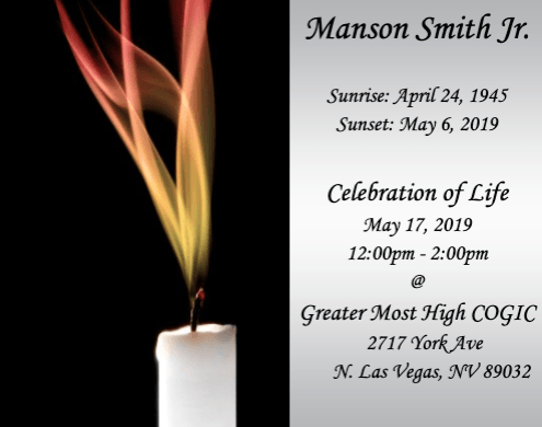 Memorial flyer with white candle and flame on black, honoring Manson Smith Jr. at Greater Most High COGIC, Las Vegas.