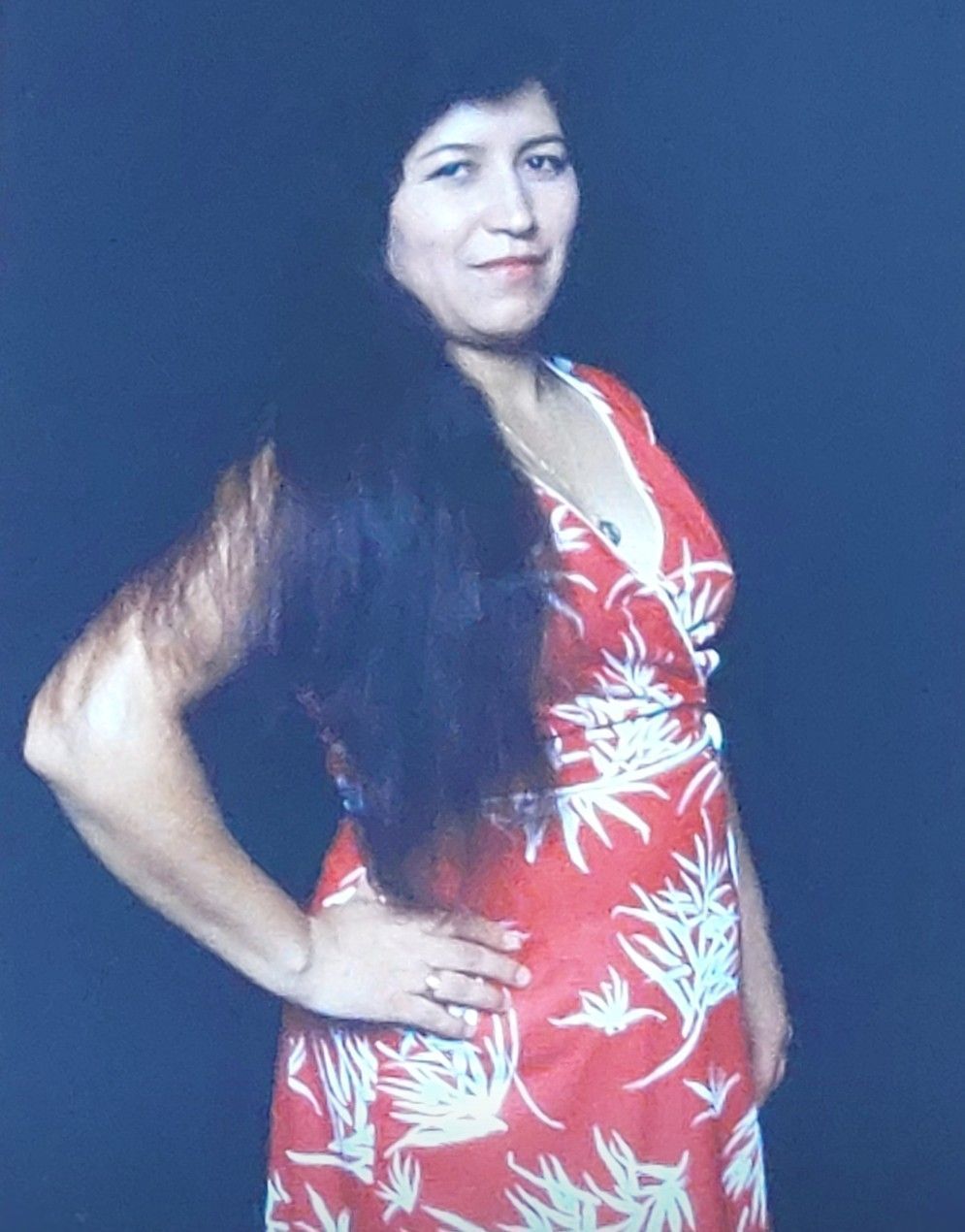 Woman in a red floral dress posing with hand on hip against a blue background