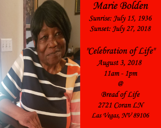 Memorial flyer with woman portrait, red text, and service details for Marie Bolden, Aug. 3, 2018, Las Vegas