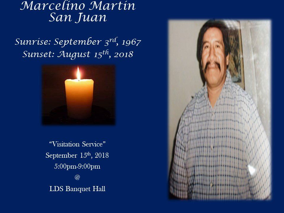 Memorial card with candle and portrait, honoring Marcelino Martin San Juan with sunrise and sunset dates