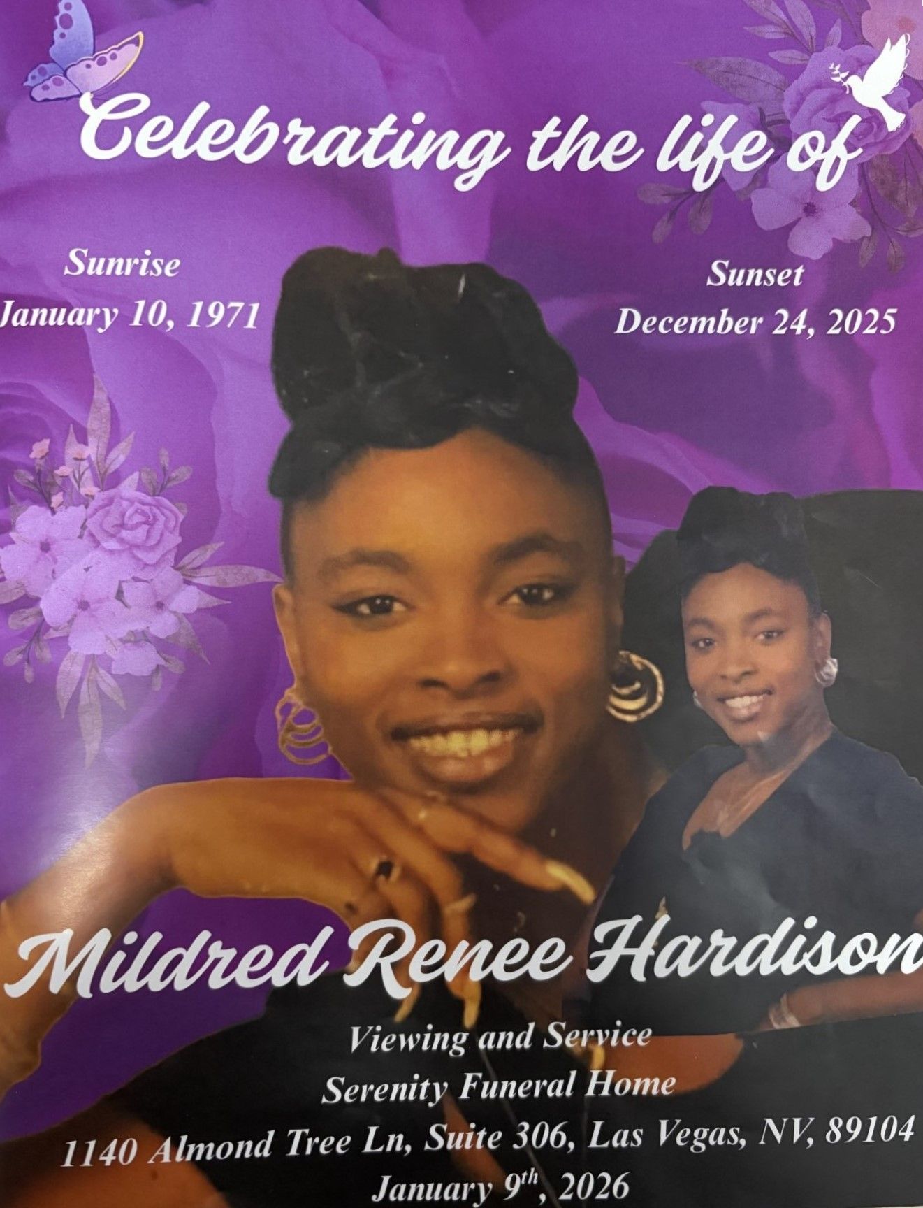 Memorial poster with purple floral background, smiling portrait, and dates for Mildred Renee Hardison