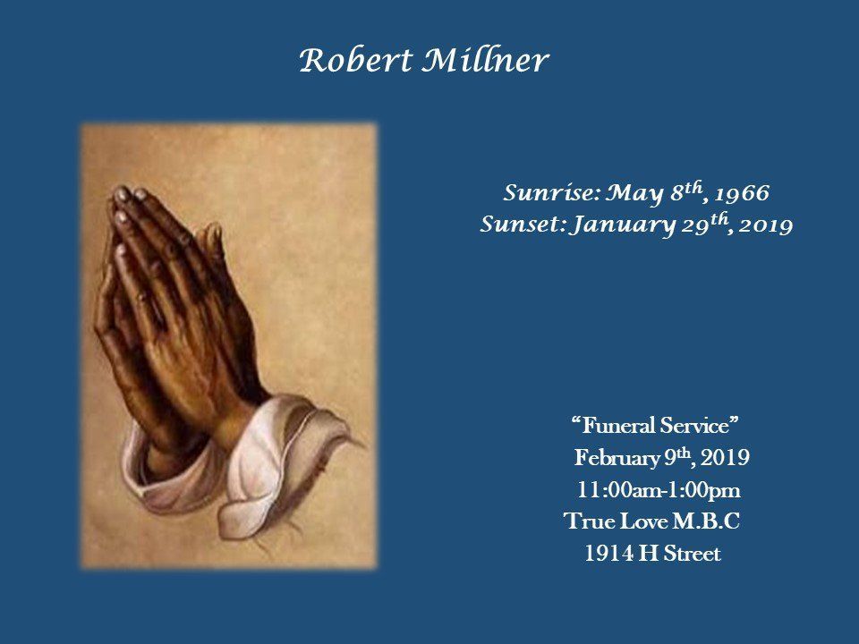 Praying hands painting on blue memorial card for Robert Milner, with sunrise and sunset dates.