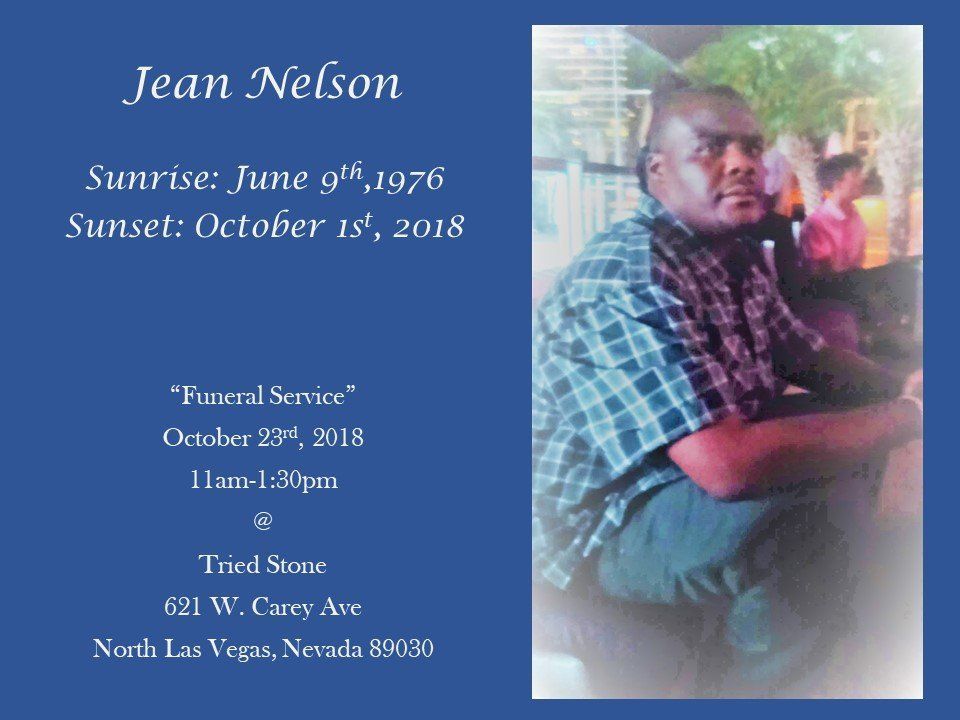 Memorial card for Jean Nelson with portrait, sunrise and sunset dates, and funeral service details.