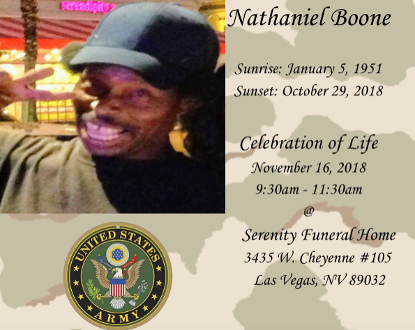 Memorial card for Nathaniel Boone with photo, dates, and service details at Serenity Funeral Home