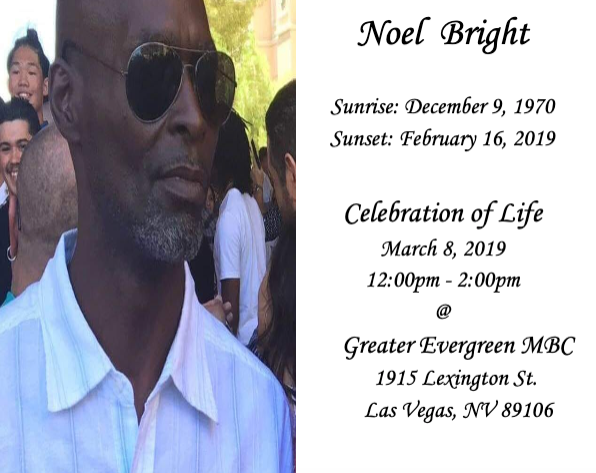 Memorial card for Noel Bright with photo and service details, white text on a light background.