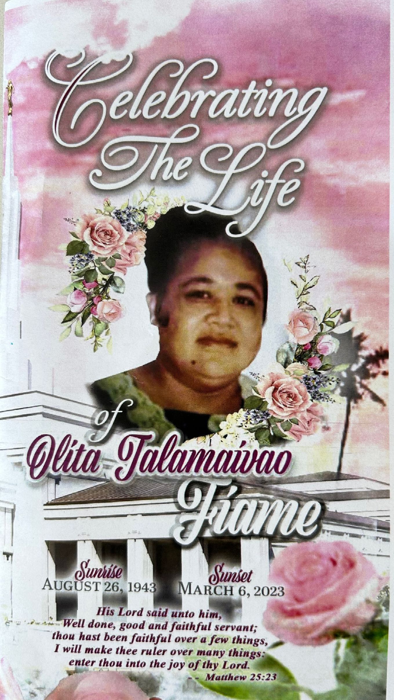 Memorial poster with a portrait framed by pink flowers and the title “Celebrating The Life” and “Gimo”