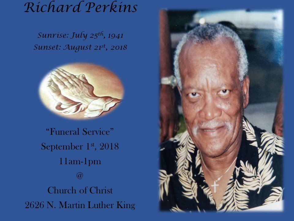 Memorial card for Richard Perkins with portrait, sunrise/sunset dates, and church funeral service details