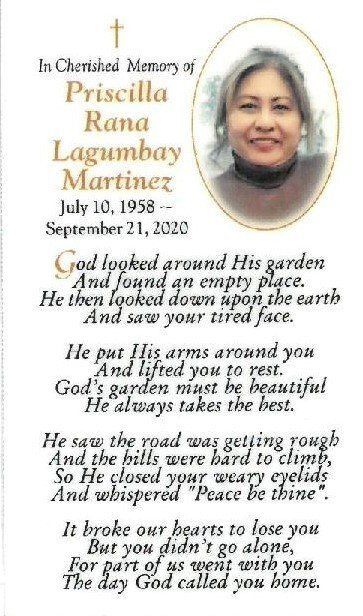 Memorial prayer card with portrait and poem for Priscilla Rana Lagnu Martirez, July 10, 1951–2024