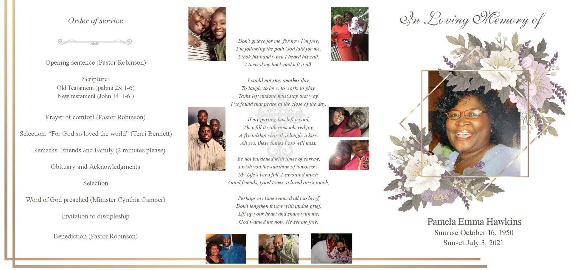 Memorial-style tri-fold brochure with text, floral accents, and several photos of a smiling woman