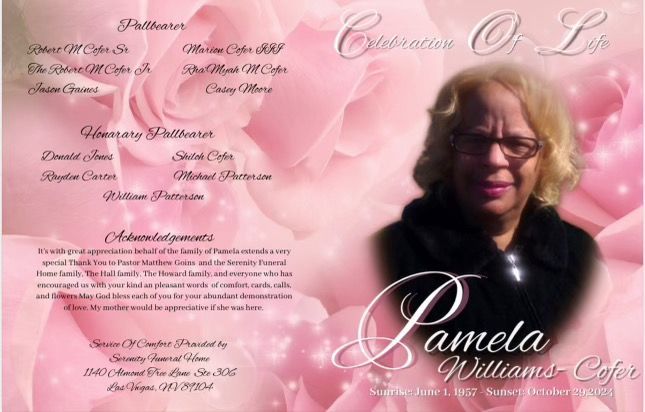 Pink memorial tribute card with a portrait and the name Pamela Williams