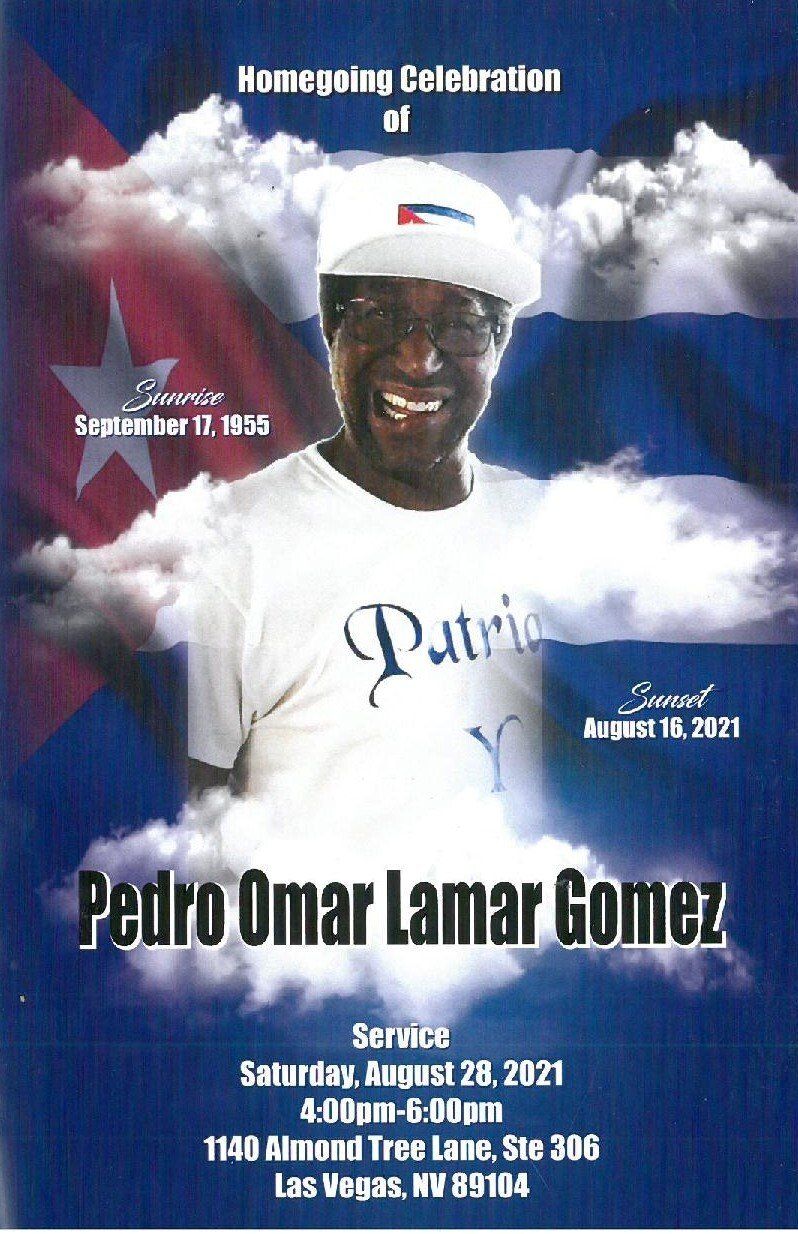 Memorial tribute poster for Pedro Omar Lamar Gomez, with clouds and service details.