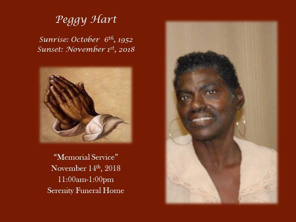 Memorial service flyer with portrait, praying hands, and service details on a maroon background
