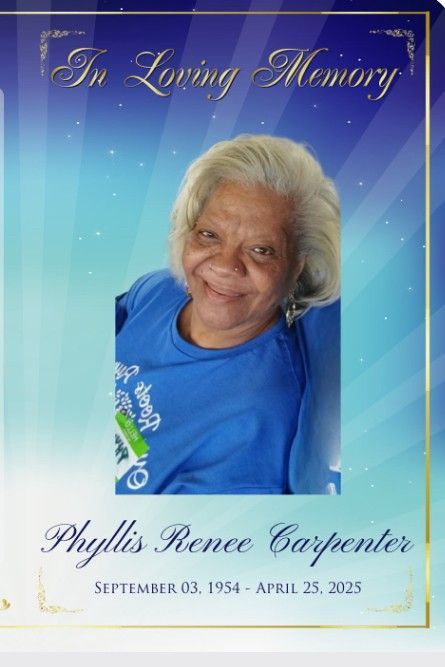 Memorial card with smiling woman in blue shirt, “In Loving Memory” and dates September 03, 1954–April 25, 2023