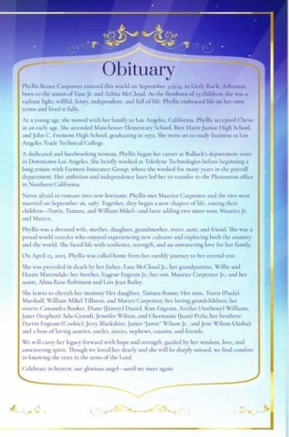 Blue-framed obituary page with dense black text and gold decorative accents on a white background